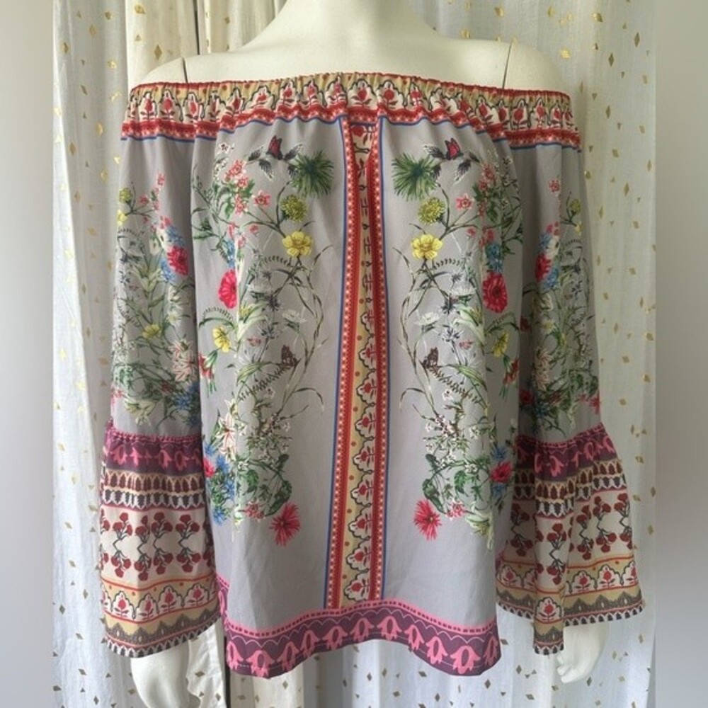 Umgee Boho Off Shoulder Floral Peasant Top Blouse Tunic Bell Sleeves Size M - Picture 4 of 6